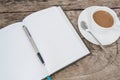 Book and cup of coffee on wood table