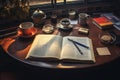 A book with a cup of coffee on a wooden table in the morning, afternoon, cozy working space, reading table