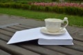 Book and Cup on Park Bench Royalty Free Stock Photo