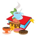 Book, cup of tea, donuts. Colored illustration for design cafeteria, restaurants, bakeries and cafes.