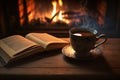 Book and cup of tea near burning fireplace. Hygge concept Royalty Free Stock Photo