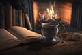 Book and cup of tea near burning fireplace. Hygge concept Royalty Free Stock Photo