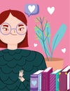 Book day, smiling teen girl with books and potted plant love