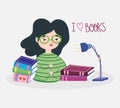 Book day, teen girl with glasses lamp and books