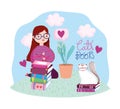 Book day, teen girl with cat books plant in grass Royalty Free Stock Photo