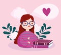 Book day, teen girl with glasses and books love