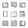 book and document line icons. linear set. quality vector line set such as open book, open book, open pdf file, pages, notebook