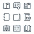 book and document line icons. linear set. quality vector line set such as open book, open book, open pdf file, pages, notebook Royalty Free Stock Photo