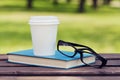Book, eyeglasses and paper cup with coffee on a bench in park in a sunny day, reading in the summer, education, textbook