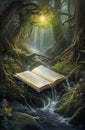 Generative AI: Book of fantastic adventures surrounded by magic forest it tells Royalty Free Stock Photo