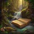 Generative AI: Book of fantastic adventures surrounded by magic forest it tells Royalty Free Stock Photo