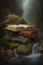 Generative AI: Book of fantastic adventures surrounded by magic forest it tells Royalty Free Stock Photo