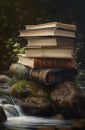 Generative AI: Book of fantastic adventures surrounded by magic forest it tells Royalty Free Stock Photo