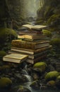 Generative AI: Book of fantastic adventures surrounded by magic forest it tells Royalty Free Stock Photo