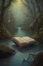 Generative AI: Book of fantastic adventures surrounded by magic forest it tells Royalty Free Stock Photo