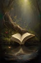 Generative AI: Book of fantastic adventures surrounded by magic forest it tells Royalty Free Stock Photo