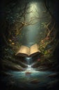 Generative AI: Book of fantastic adventures surrounded by magic forest it tells Royalty Free Stock Photo