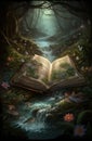 Generative AI: Book of fantastic adventures surrounded by magic forest it tells Royalty Free Stock Photo