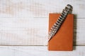 Book and feather lie on a wooden table. top view. layflat Royalty Free Stock Photo