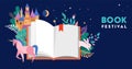 Book festival concept design. Open huge book with magic forest, castel, unicorn and flowers. Fantasy and Imagination