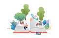 Book festival concept - a group of tiny people reading a huge open book. Vector illustration, poster and banner Royalty Free Stock Photo