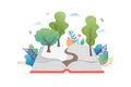 Book festival concept - a group of tiny people reading a huge open book. Vector illustration, poster and banner Royalty Free Stock Photo