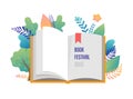 Book festival concept - a group of tiny people reading a huge open book. Vector illustration, poster and banner Royalty Free Stock Photo