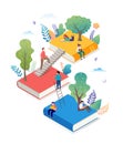Book festival concept - a group of tiny people reading a huge open book. Vector illustration, poster and banner Royalty Free Stock Photo