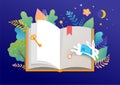 Book festival concept - a group of tiny people reading a huge open book. Vector illustration, poster and banner Royalty Free Stock Photo