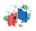 Book festival concept - a group of tiny people reading a huge open book. Vector illustration, poster and banner Royalty Free Stock Photo