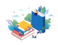 Book festival concept - a group of tiny people reading a huge open book. Vector illustration, poster and banner Royalty Free Stock Photo