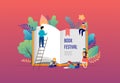 Book festival concept - a group of tiny people reading a huge open book. Vector illustration, poster and banner Royalty Free Stock Photo