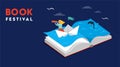 Book festival concept of a little girl sailing the boat and reading an open huge book. Fantasy and Imagination concept