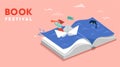 Book festival concept of a little girl sailing the boat and reading an open huge book. Fantasy and Imagination concept