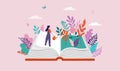 Book festival concept of the woman watering garden and reading an open huge book. Back to school, library concept design