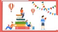 Book festival, a group of people read books at a book festival. Online library. Vector illustration Royalty Free Stock Photo