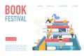 Book festival landing page poster vector illustration. Students man and woman reading, leaning and sitting on big books