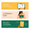 Book festival, literacy day, books lovers day vector illustrations with woman holding literature, human hands give or exchange