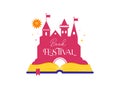 Book festival logo and background with open book and fairy tale castle Royalty Free Stock Photo