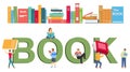 Book festival, set of people mini characters read and carry books. Vector illustration.