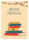 Book festival template with stack of books. Vertical banner or poster. Design template for library, bookstore. Flat Royalty Free Stock Photo
