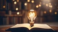 book of fiction on top bokeh light bulb Royalty Free Stock Photo