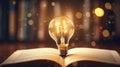 book of fiction on top bokeh light bulb Royalty Free Stock Photo