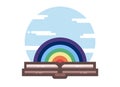 Book flat icon. Open book with a rainbow inside on blue sky round background. Metaphore of life-affirming and breathtaking