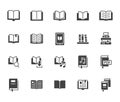 Book flat icons set. Open books, dictionary, bible, audio novel, dictionary, literature education black minimal vector