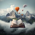 A book floating above a misty mountain, notes and sports gear orbiting