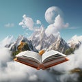 A book floating above a misty mountain, notes and sports gear orbiting