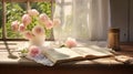 A book, flowers and a vase of pink roses sit on a table near a window, AI