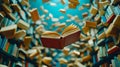 A book flying through the air in front of a bookshelf full of books Royalty Free Stock Photo