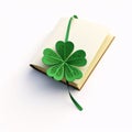 Book and froth of green five-leaf clover, white background. Green four-leaf clover symbol of St. Patrick\' Royalty Free Stock Photo